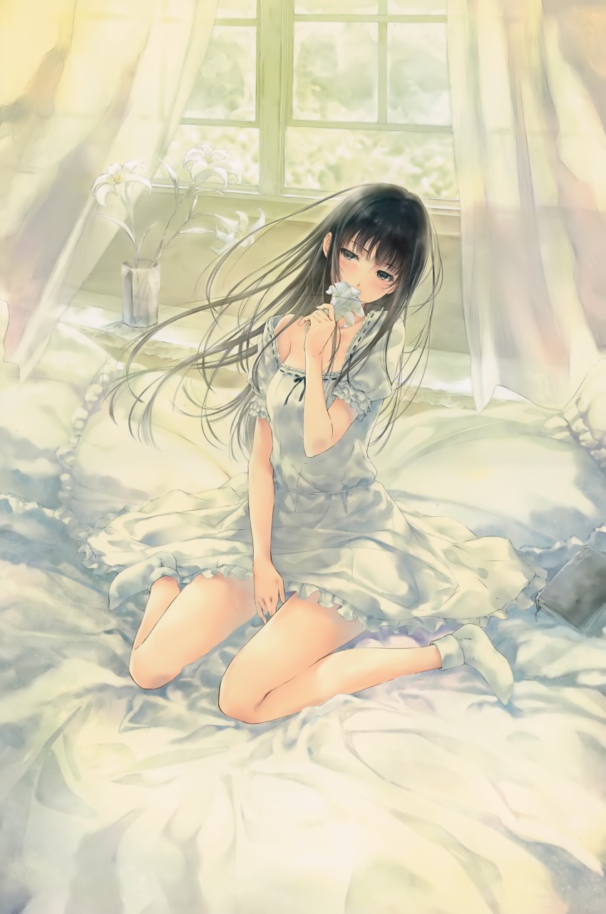 1girl absurdres barefoot bed bed_sheet black_hair blush breasts curtains dress female_focus flower flowers_(innocent_grey) frills highres long_hair medium_breasts pillow shirahane_suou sitting socks solo sugina_miki wariza