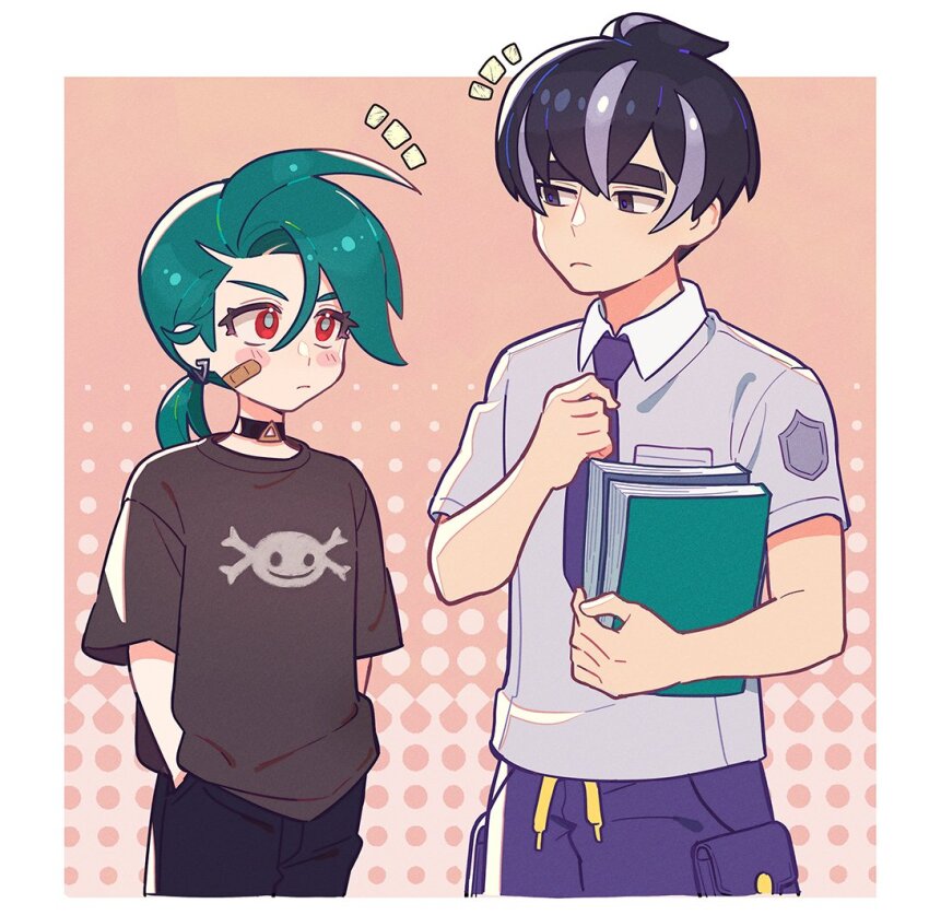 1boy 1girl aged_down bandaid bandaid_on_cheek bandaid_on_face black_choker black_eyes black_hair blue_necktie book choker commentary_request creatures_(company) earrings frown game_freak green_hair grey_hair halftone halftone_background hands_in_pockets holding holding_book jewelry larry_(pokemon) multicolored_hair necktie nicca_(nicca11y) nintendo paldean_wooper pokemon pokemon_sv ponytail red_eyes rika_(pokemon) school_uniform streaked_hair thick_eyebrows two-tone_hair uva_academy_school_uniform