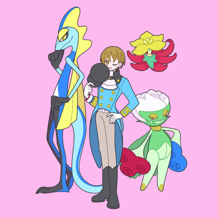 1boy ascot black_footwear black_hat blue_jacket boots brown_eyes brown_hair commentary_request crossover full_body gen_4_pokemon gen_8_pokemon gossifleur grey_pants hand_on_own_hip hand_up hat hayami_hiro highres holding holding_unworn_clothes holding_unworn_hat inteleon jacket king_of_prism knee_boots long_sleeves looking_at_viewer male_focus nintendo nyaasechan pants pink_background pokemon pokemon_(creature) pretty_rhythm pretty_series roserade short_hair simple_background smile standing unworn_hat unworn_headwear white_ascot