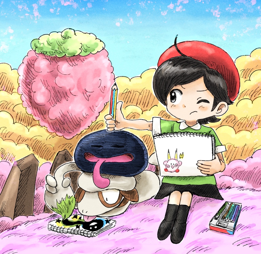 1girl ado ahoge animal_ears black_hair blue_skin blue_sky child&#039;s_drawing closed_eyes colored_skin game_freak gen_2_pokemon gooey_(kirby) highres holding holding_pencil holding_sketchbook kicdon kirby kirby&#039;s_dream_land_3 kirby_(series) nintendo one_eye_closed pencil pikachu_ears pokemon pokemon_(creature) sketchbook sky smeargle star_(symbol) tongue tongue_out