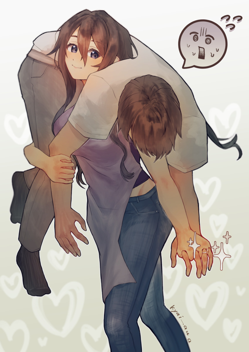 1boy 1girl absurdres apron black_shirt black_socks brown_hair carrying carrying_person femdom gradient_background grey_pants groin highres holding_hands husband_and_wife interlocked_fingers jewelry jokichi_yudasei kidnapping kyai_aua long_hair pants purple_apron ring ryoba_aishi shirt short_hair skinny_jeans socks wedding_ring white_shirt yandere yandere_simulator