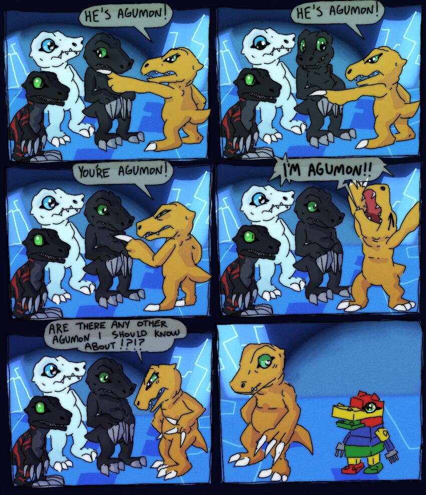 agumon agumon_(black) agumon_(black)_x-antibody claws digimon digimon_(creature) highres looking_at_another meme tail toyagumon yukiagumon