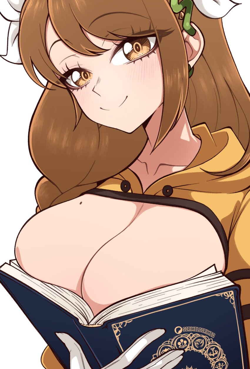 1girl absurdres boobs_in_book_(meme) breasts brown_eyes brown_hair cleavage closed_mouth commentary fire_emblem fire_emblem_engage gloves goldmary_(fire_emblem) highres large_breasts long_hair looking_at_viewer meme mole mole_on_breast nintendo paid_reward_available patreon_logo patreon_username scrimblocrimbo simple_background smile solo upper_body white_background white_gloves