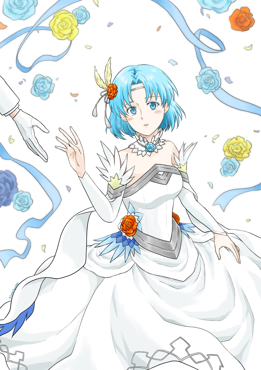 1girl 1other absurdres bare_shoulders blue_eyes blue_flower blue_hair blue_ribbon circlet commentary_request curtained_hair detached_sleeves dress eyelashes feather_hair_ornament feathers fire_emblem fire_emblem:_the_binding_blade fire_emblem_heroes flower hair_ornament highres medium_hair midori_no_baku nintendo official_alternate_costume orange_flower ribbon simple_background solo_focus strapless strapless_dress thea_(bridal)_(fire_emblem) thea_(fire_emblem) wedding_dress white_background white_dress white_sleeves yellow_flower