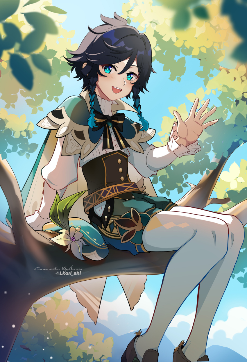1boy absurdres alternate_costume aqua_eyes aqua_hair aqua_hat aqua_vest bench beret black_bow black_bowtie black_hair bow bowtie braid brown_shorts cecilia_flower_(genshin_impact) flower genshin_impact gradient_hair green_hat hair_flower hair_ornament hat highres in_tree leaf lkari_shi long_hair long_sleeves looking_at_viewer male_focus multicolored_hair shirt shorts sitting sitting_in_tree smile solo sweater_vest teeth tree twin_braids venti_(genshin_impact) vest white_shirt