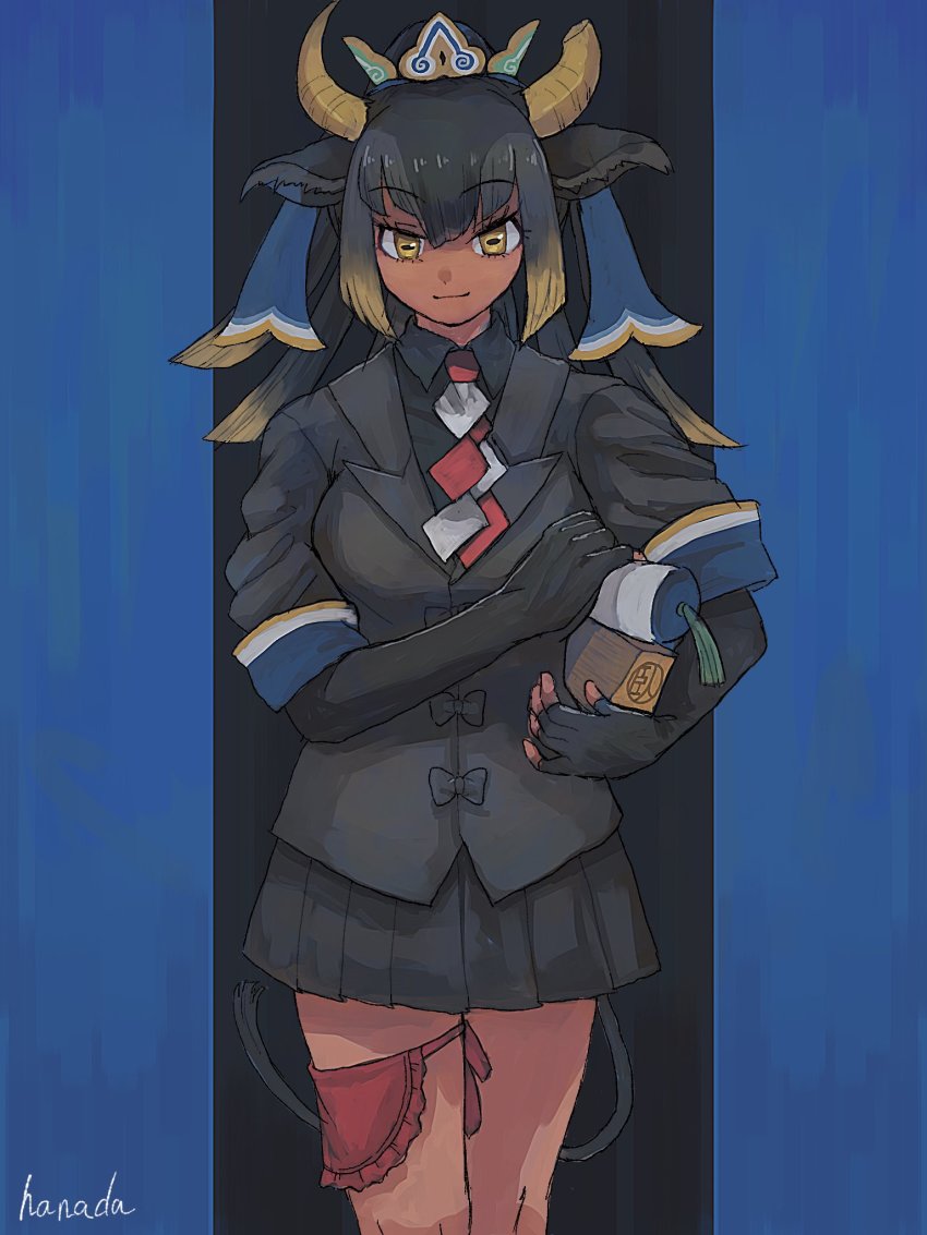 1girl animal_ears artist_name black_gloves black_hair black_jacket black_shirt black_skirt blonde_hair bow broken_horn carrying closed_mouth collared_shirt crown dark-skinned_female dark_skin elbow_gloves fingerless_gloves gloves goshingyu-sama_(kemono_friends) hair_between_eyes hanada_(cobalt003) highres horizontal_pupils horns jacket kemono_friends long_hair looking_at_viewer miniskirt multicolored_hair multicolored_horns necktie ox_ears ox_girl ox_horns pleated_skirt shirt short_sleeves skirt smile solo tail thigh_strap two-tone_hair walking wing_collar yellow_eyes yellow_horns