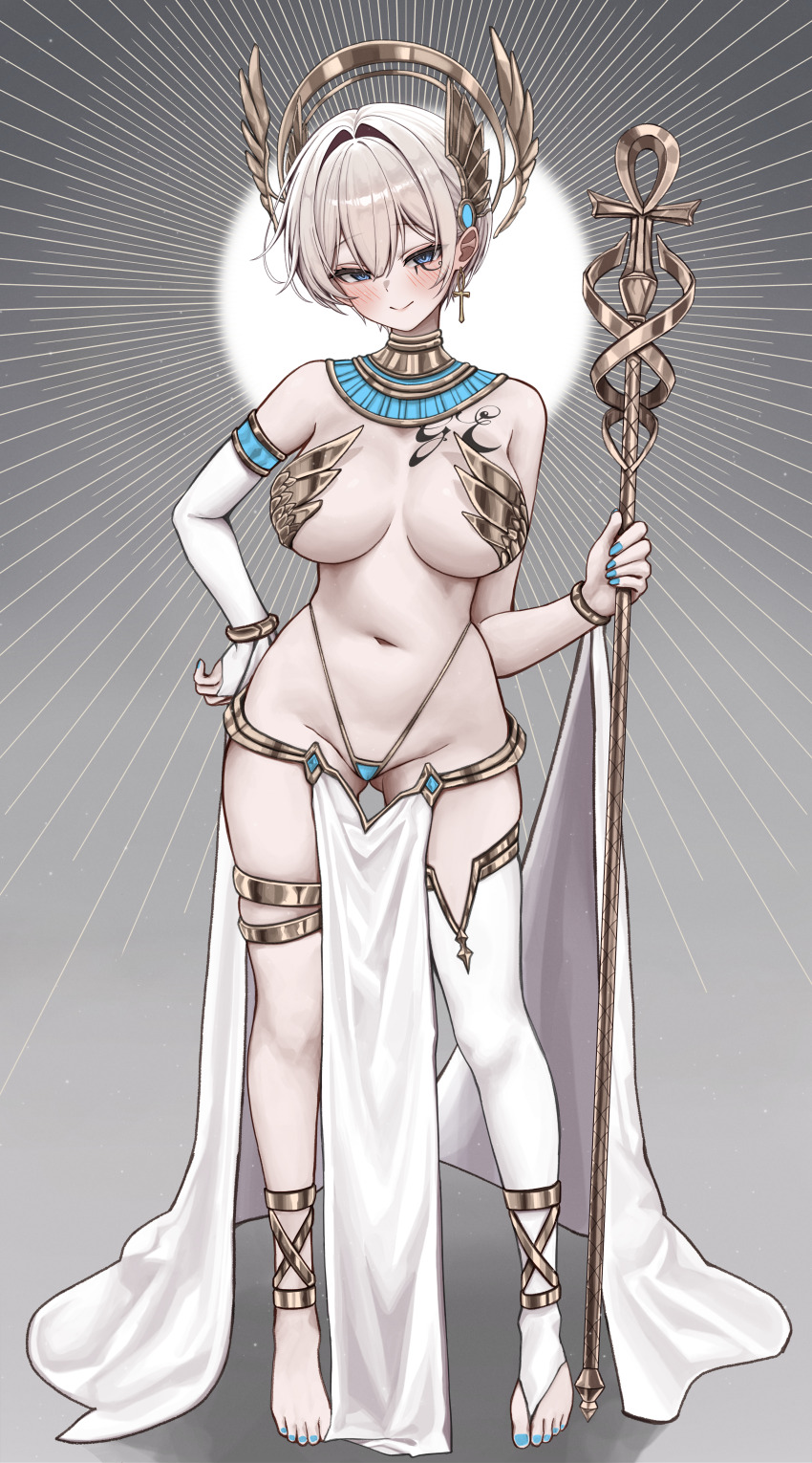 1girl absurdres ancient_egyptian_clothes bikini blue_eyes blue_nails bracelet breasts chest_tattoo cross cross_earrings earrings full_body gloves gluteal_fold gold gold_bracelet grey_hair groin gwan-e hair_ornament highres holding holding_staff jewelry large_breasts micro_bikini navel neck_ring original pelvic_curtain short_hair single_earring single_glove single_thighhigh staff standing swimsuit tattoo thighhighs thighlet