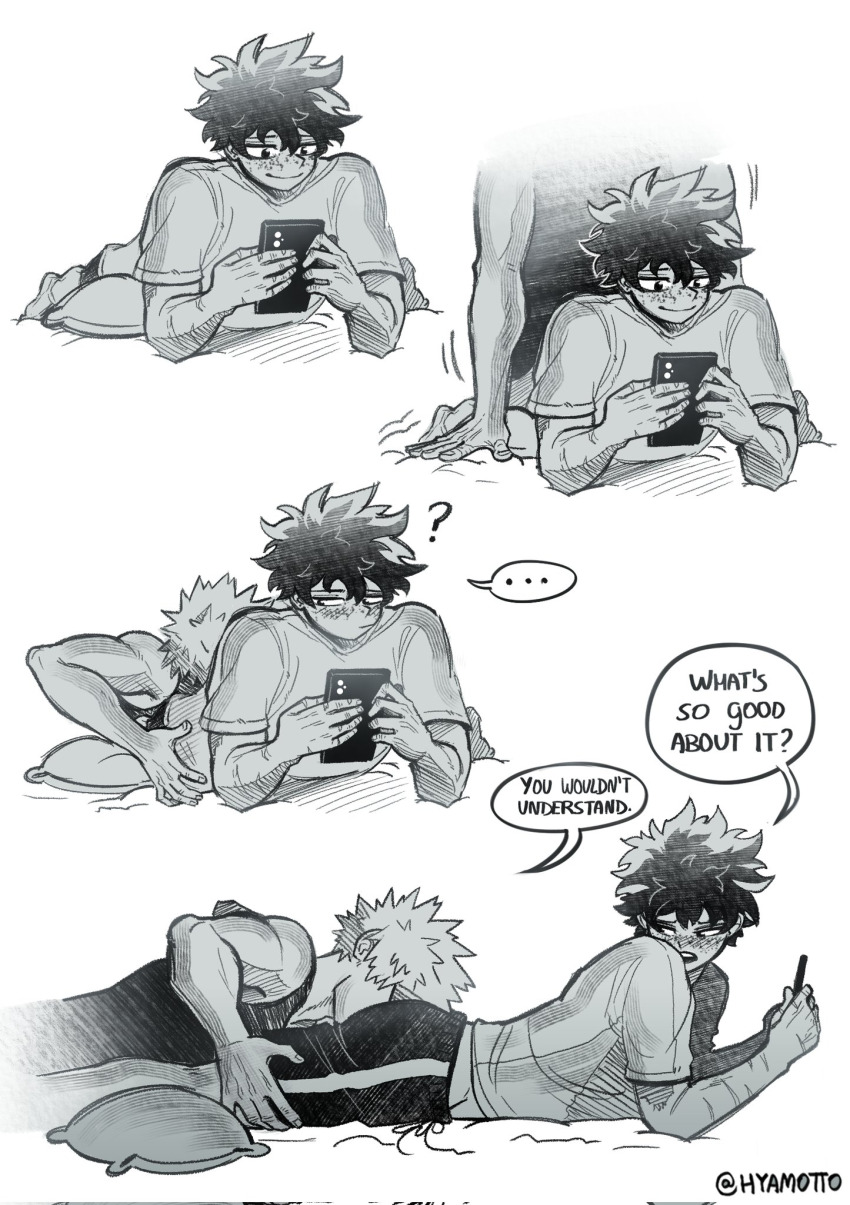 awkward bakudeku bakugou_katsuki barefoot blush boku_no_hero_academia casual cellphone embarrassed face_in_ass feet freckles hyamotto legs lying lying_on_ass messy_hair midoriya_izuku nervous on_stomach phone pillow scar shirt shorts speech_bubble spiked_hair yaoi