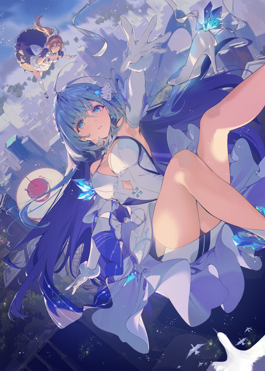 2girls apron back_bow blue_eyes blue_hair blue_pupils bow breasts brown_hair cleavage cover cover_image dress elbow_gloves falling floating_hair gloves hair_between_eyes highres long_hair looking_at_viewer maid multiple_girls necomi novel_illustration official_art parted_lips physics_phenomenon_phantom ponytail reaching reaching_towards_viewer thighhighs thighs white_apron white_bow white_dress white_gloves white_thighhighs
