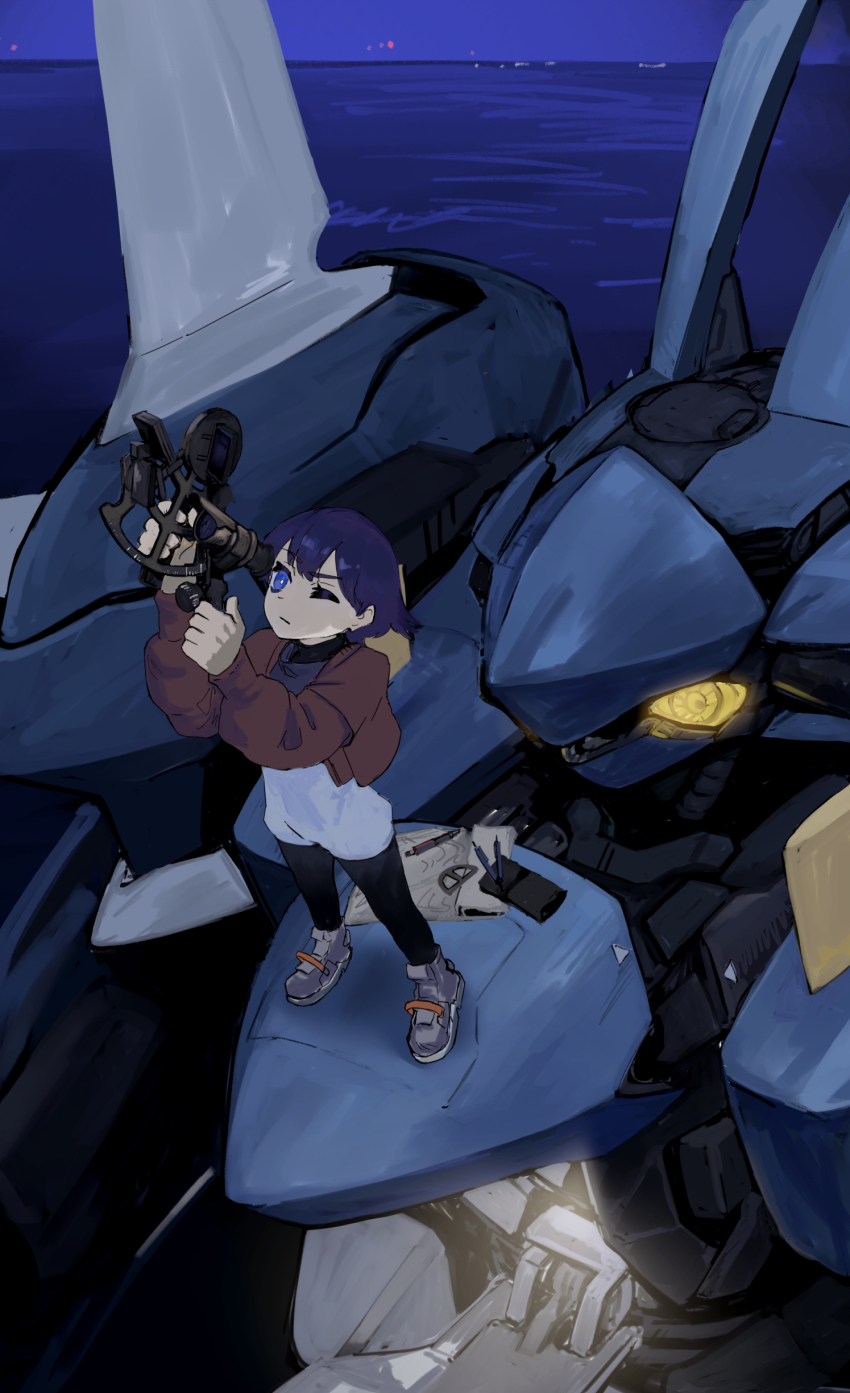 1girl absurdres black_pants blue_eyes blue_hair bright_pupils brown_jacket closed_mouth commentary commentary_request compass_(instrument) cropped_jacket english_commentary grey_footwear highres holding jacket long_sleeves looking_up mecha mechanical_pencil mikan_lemon mixed-language_commentary night ocean one_eye_closed open_cockpit original outdoors pants paper pencil protractor robot science_fiction sextant shirt shoes short_hair sneakers standing white_pupils white_shirt yellow_eyes