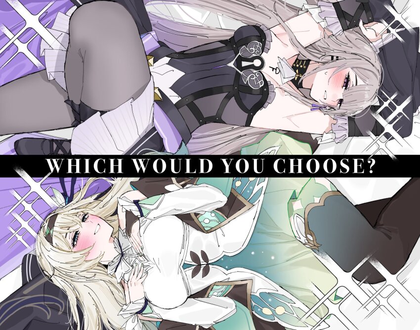 aqua_skirt aqua_thighhighs black_hairband carrot_011 firefly_(honkai:_star_rail) grey_hair hair_intakes hairband herta_(honkai:_star_rail) highres honkai:_star_rail honkai_(series) jewelry key key_necklace lying necklace official_alternate_design on_back purple_eyes skirt the_herta_(honkai:_star_rail) thighhighs