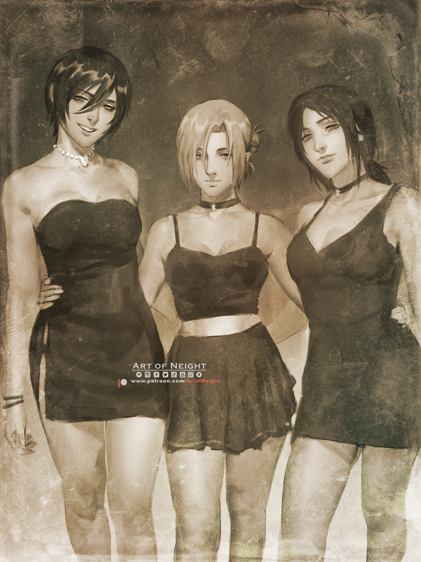 3girls annie_leonhart arm_around_waist art_of_neight bead_necklace beads bracelet breasts choker cleavage dress folded_ponytail greyscale hair_between_eyes hair_over_one_eye height_difference highres jewelry medium_breasts midriff mikasa_ackerman miniskirt monochrome multiple_girls necklace patreon_username pieck_finger ponytail shingeki_no_kyojin short_dress short_hair side_slit skirt smile strapless strapless_dress twitter_logo watermark web_address