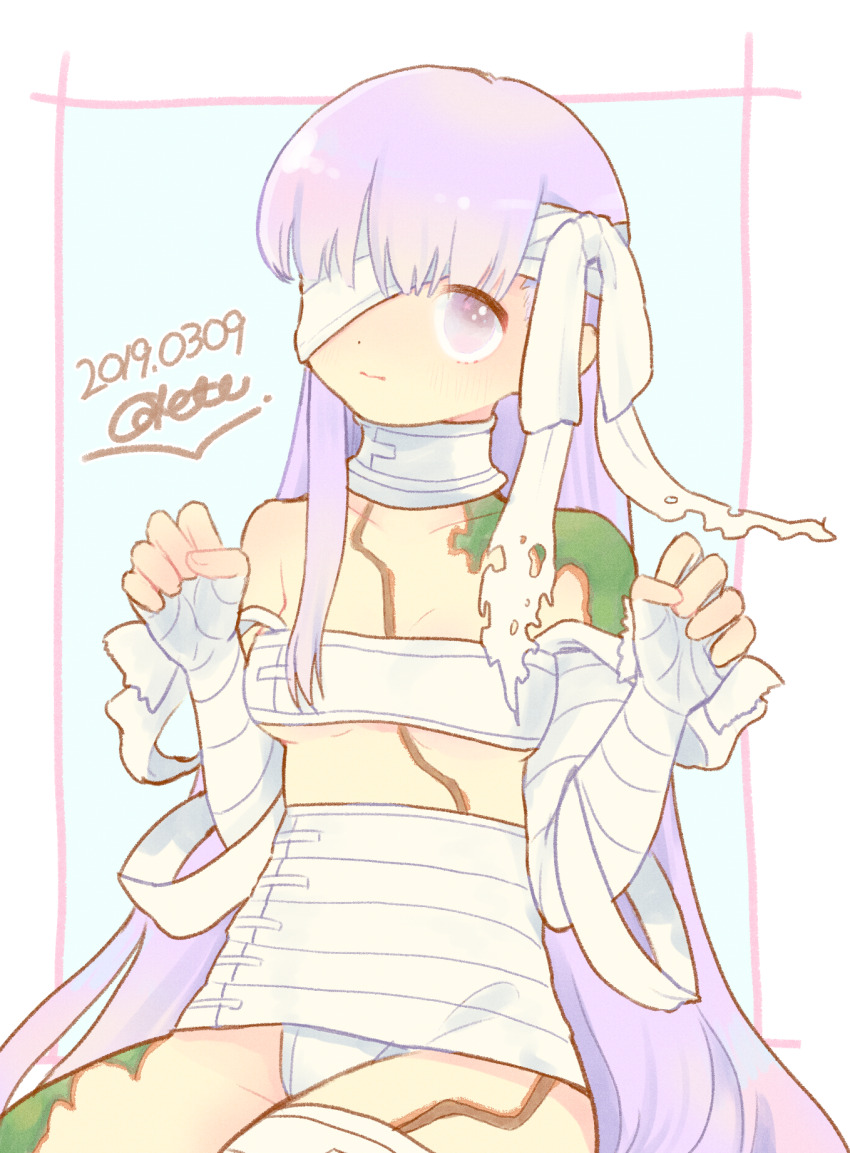 1girl artist_name bandage_over_one_eye bandaged_arm bandages breasts claw_pose closed_mouth dot_nose fate/grand_order fate_(series) highres kingprotea_(fate) long_hair looking_at_viewer moss odetooo purple_eyes purple_hair solo underboob very_long_hair