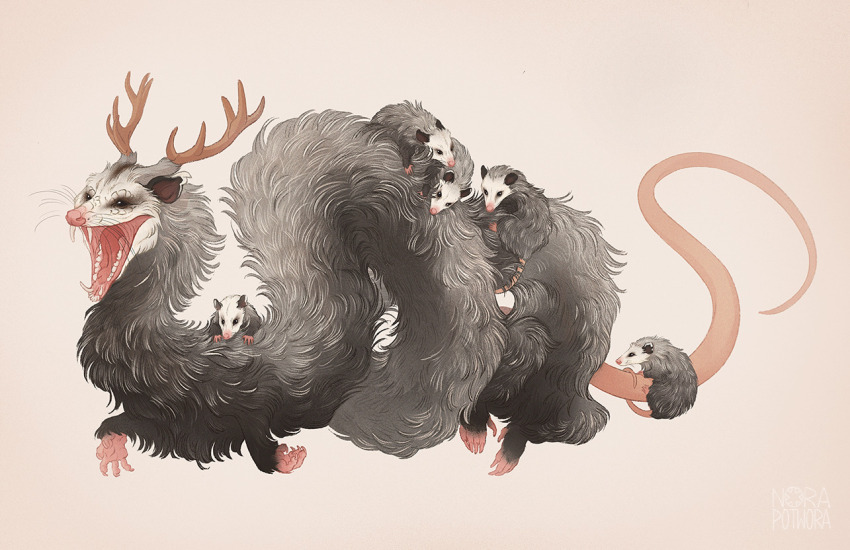 animal_focus artist_logo black_fur creature cub dragon dragon_horns eastern_dragon fantasy fusion horns logo long_tail looking_at_viewer mother_and_child no_humans norapotwora open_mouth opossum original riding sharp_teeth simple_background tail teeth tongue whiskers