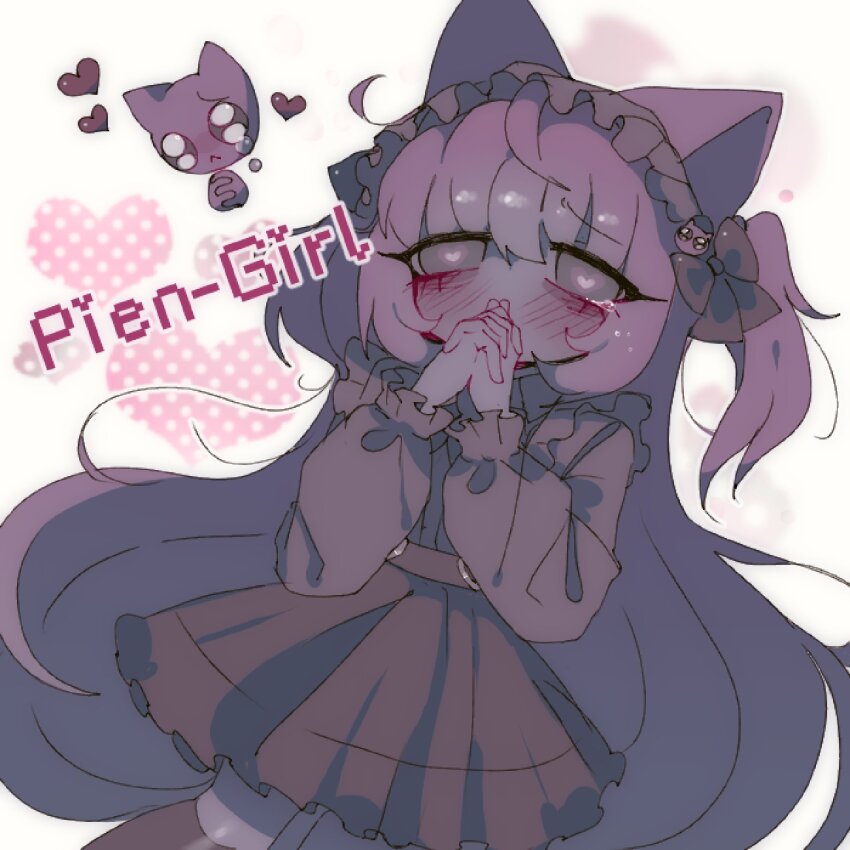 1girl animal animal_ears black_dress black_thighhighs blush cat cat_ears cat_hair_ornament character_name commentary deliriumcenter dress grey_eyes hair_ornament heart heart-shaped_pupils highres humanization long_hair long_sleeves maid_headdress needy_girl_overdose own_hands_together pien_cat_(needy_girl_overdose) polka_dot_heart short_twintails sidelocks solo symbol-only_commentary symbol-shaped_pupils tears thighhighs twintails very_long_hair white_background
