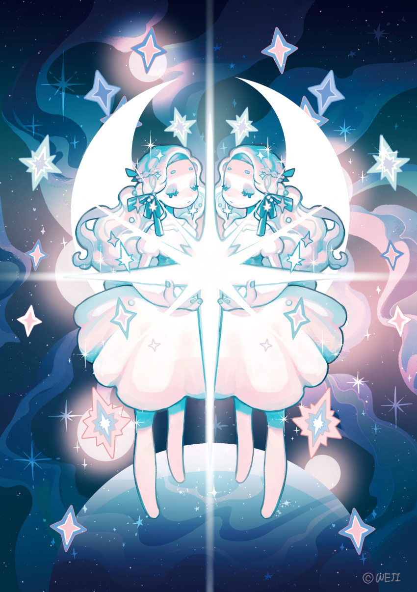 2girls absurdres artist_name bare_legs bare_shoulders blue_bow blue_nails bow braid closed_eyes collarbone commentary_request crescent_moon dress eyelashes full_body gemini_(zodiac) hair_bow highres holding holding_star korean_commentary long_hair moon multiple_girls nail_polish original planet puffy_short_sleeves puffy_sleeves short_dress short_sleeves siblings side_braid space star_(sky) star_(symbol) twins wavy_hair wedjigamja white_dress white_hair zodiac