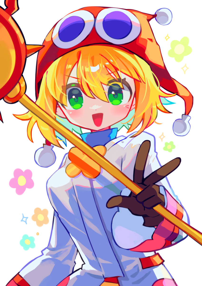 1girl absurdres amitie_(puyopuyo) blonde_hair blush brown_gloves gloves green_eyes highres holding holding_staff looking_at_viewer offbeat open_mouth puyopuyo puyopuyo_20th_anniversary puyopuyo_fever red_amitie short_hair smile solo staff v