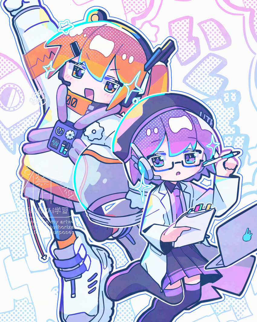 2girls a.i._voice absurdres adachi_rei alternate_costume arm_up beret bespectacled black_boots black_hat black_pantyhose black_skirt boots cable coat computer glasses hat headset helmet highres holding holding_helmet holding_paper holding_pen jacket lab_coat laptop long_sleeves looking_at_viewer miniskirt multiple_girls necktie open_clothes open_coat open_mouth orange_hair outline pantyhose paper parted_lips pen pleated_skirt purple_hair purple_necktie semi-rimless_eyewear skirt spacesuit thigh_boots under-rim_eyewear unworn_headwear unworn_helmet usa_motou utane_uta utau watermark white_boots white_coat white_jacket