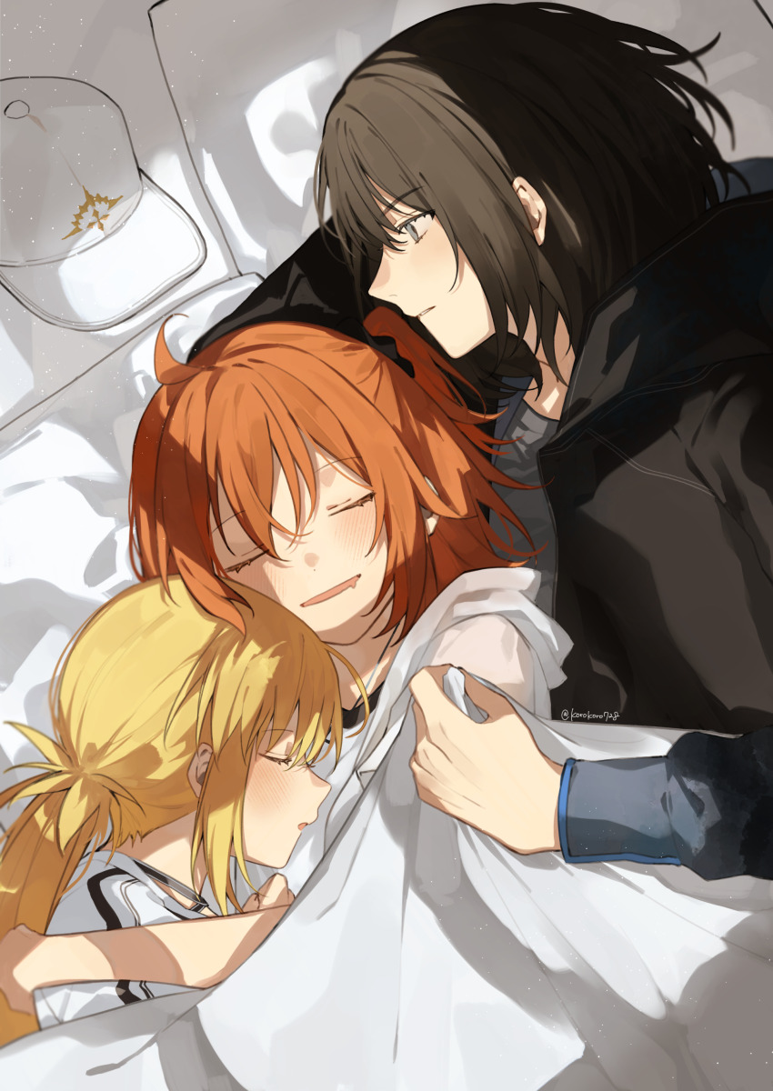 1boy 2girls absurdres ahoge artoria_caster_(fate) artoria_caster_(swimsuit)_(fate) artoria_caster_(swimsuit)_(first_ascension)_(fate) artoria_caster_(swimsuit_berserker)_(fate) artoria_caster_(swimsuit_berserker)_(first_ascension)_(fate) artoria_pendragon_(fate) baseball_cap black_hair black_jacket black_scrunchie blonde_hair blue_eyes blue_shirt closed_eyes fate/grand_order fate_(series) fujimaru_ritsuka_(female) fujimaru_ritsuka_(female)_(summer_street) hair_ornament hair_scrunchie hat highres hood hood_down hooded_jacket hug jacket long_hair lying multiple_girls oberon_(fate) oberon_(moody_summer_oberon)_(fate) oberon_(third_ascension)_(fate) on_back on_side orange_hair romo827 scrunchie shirt short_sleeves side_ponytail sleeping striped_clothes striped_jacket tank_top under_covers unworn_headwear unzipped white_hat white_jacket white_tank_top