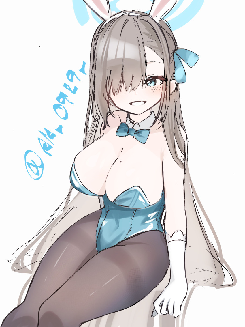 1girl absurdres animal_ear_hairband animal_ears asuna_(blue_archive) asuna_(bunny)_(blue_archive) black_pantyhose blue_archive blue_bow blue_bowtie blue_eyes blue_halo blue_leotard blue_ribbon blush bow bowtie breasts brown_hair collar commentary detached_collar fake_animal_ears gloves grin hair_over_one_eye hair_ribbon hairband halo highres large_breasts leotard long_hair mole mole_on_breast nishimiya_aki pantyhose playboy_bunny rabbit_ear_hairband rabbit_ears ribbon sitting sketch smile solo teeth twitter_username very_long_hair white_background white_collar white_gloves