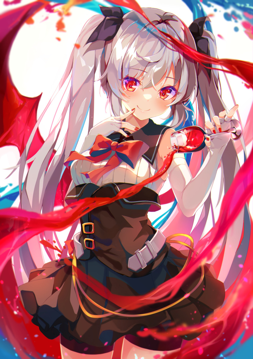 1girl ahoge alcohol black_skirt breasts chalice closed_mouth copyright_request cup demon_girl demon_wings dennryuurai dress evil_smile girdle grey_hair hair_ornament hair_over_shoulder hair_ribbon hand_on_own_face hand_up highres holding holding_cup long_hair looking_at_viewer medium_breasts necktie no_headwear no_socks red_eyes red_wine red_wings ribbon skirt sleeveless sleeveless_dress smile standing twintails very_long_hair virtual_youtuber water white_background wine wings