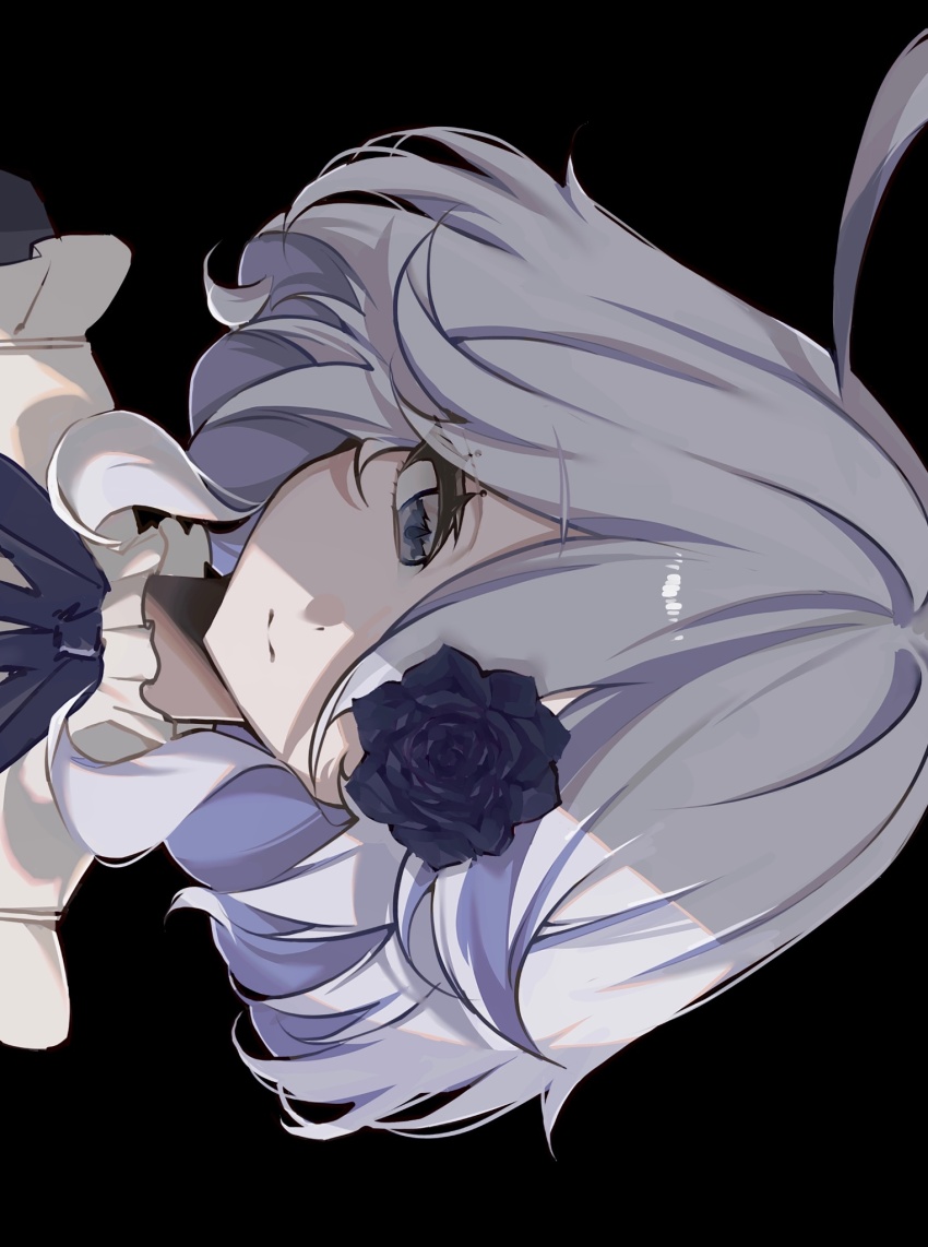 1girl ahoge alternate_costume black_background blue_eyes blue_flower blue_rose collar eyepatch flower flower_eyepatch frills furina_(genshin_impact) genshin_impact hair_between_eyes haru_1un high_collar highres rose short_hair simple_background white_collar white_hair