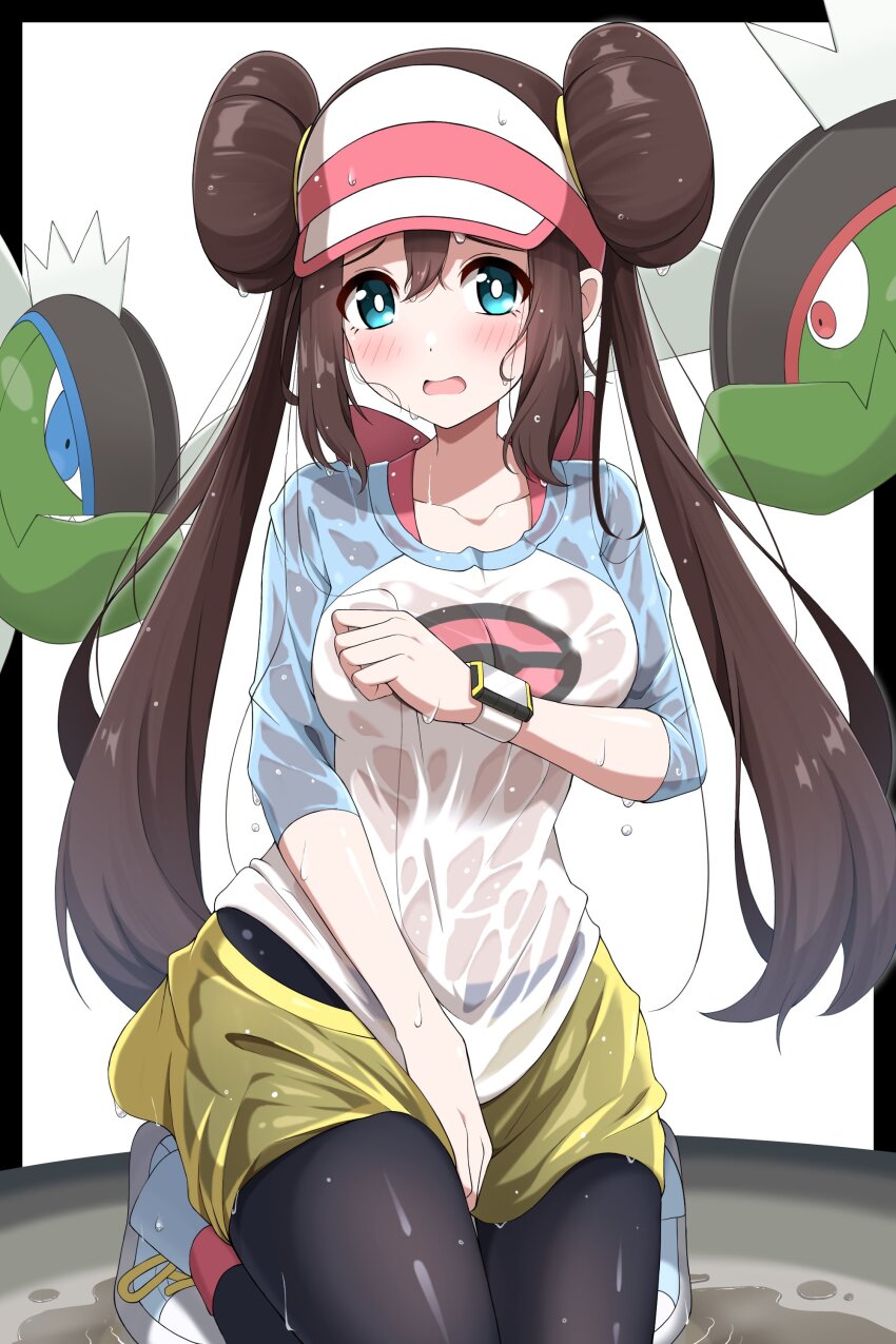 1girl absurdres basculin basculin_(blue) basculin_(red) black_pantyhose blue_eyes blush breasts brown_hair donut_hair_bun double_bun gen_5_pokemon hair_bun hat highres large_breasts long_hair looking_at_viewer nintendo open_mouth pantyhose pantyhose_under_shorts poke_ball_print pokemon pokemon_(creature) pokemon_bw2 raglan_sleeves rosa_(pokemon) shabana_may shirt shorts solo twintails visor_cap wet wet_clothes yellow_shorts