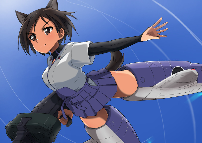 1girl 506th_joint_fighter_wing absurdres animal_ears blue_skirt blue_sky bridal_gauntlets brown_eyes brown_hair clear_sky closed_mouth commentary day dog_ears dog_tail double-drum_magazine drum_magazine dual_drum_magazine flying frown machine_gun gun hakama hakama_short_skirt hakama_skirt high-capacity_magazine highres holding holding_gun holding_weapon japanese_clothes kimono kuroda_kunika layered_sleeves long_sleeves looking_to_the_side machine_gun magazine_(weapon) mg42 noble_witches outdoors saddle-drum shirt short_hair short_over_long_sleeves short_sleeves skirt sky solo strike_witches striker_unit tail tricky_46 weapon white_kimono white_shirt world_witches_series