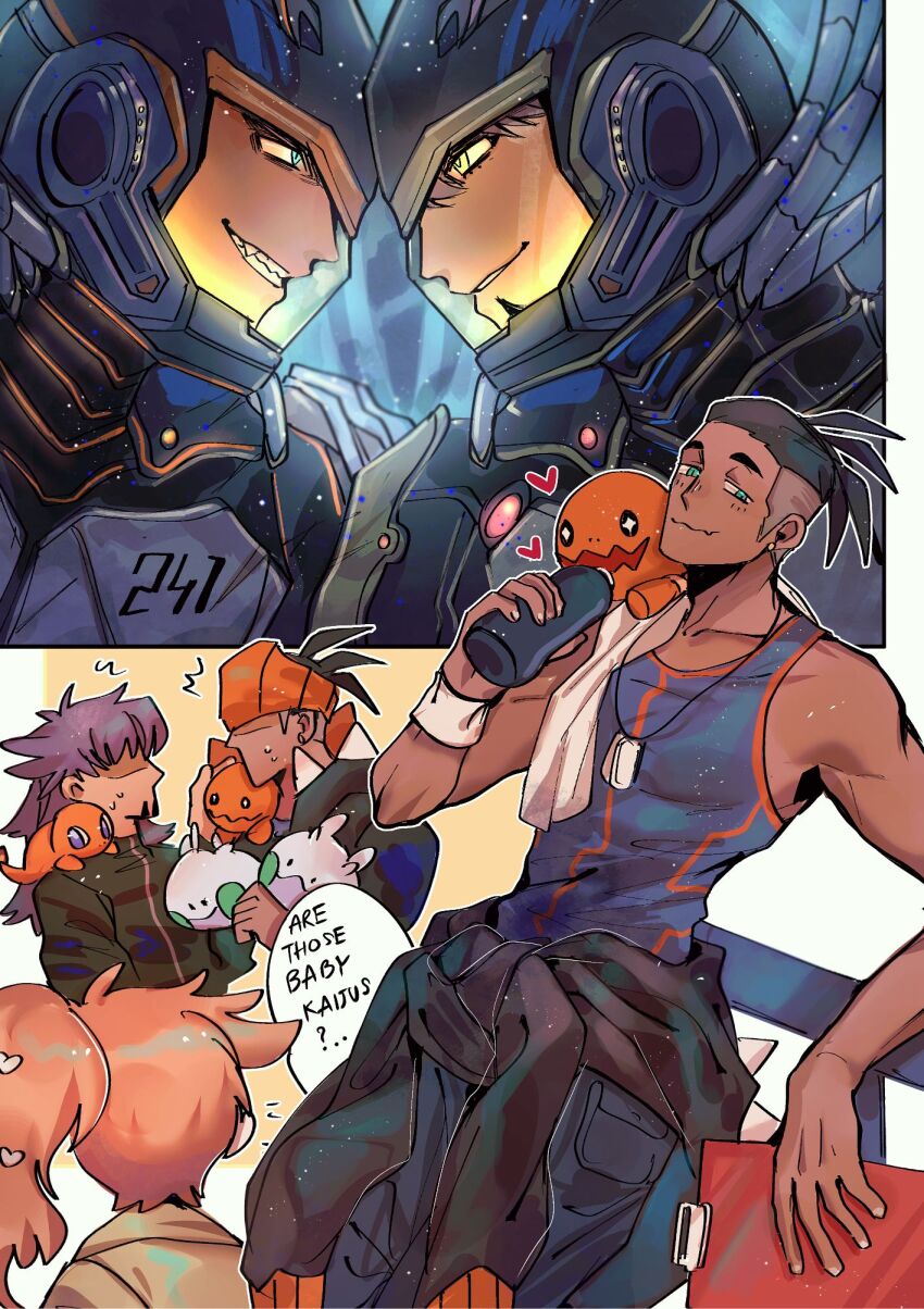 1girl 2boys blue_tank_top bottle charmander chiyo_(miichiyochin) crossover dark-skinned_male dark_skin dog_tags english_text facial_hair game_freak gen_1_pokemon gen_3_pokemon gen_6_pokemon goatee goomy grin heart highres holding holding_bottle leon_(pokemon) multiple_boys nintendo on_shoulder pacific_rim pokemon pokemon_(creature) pokemon_on_shoulder pokemon_swsh raihan_(pokemon) smile sonia_(pokemon) tank_top trapinch water_bottle