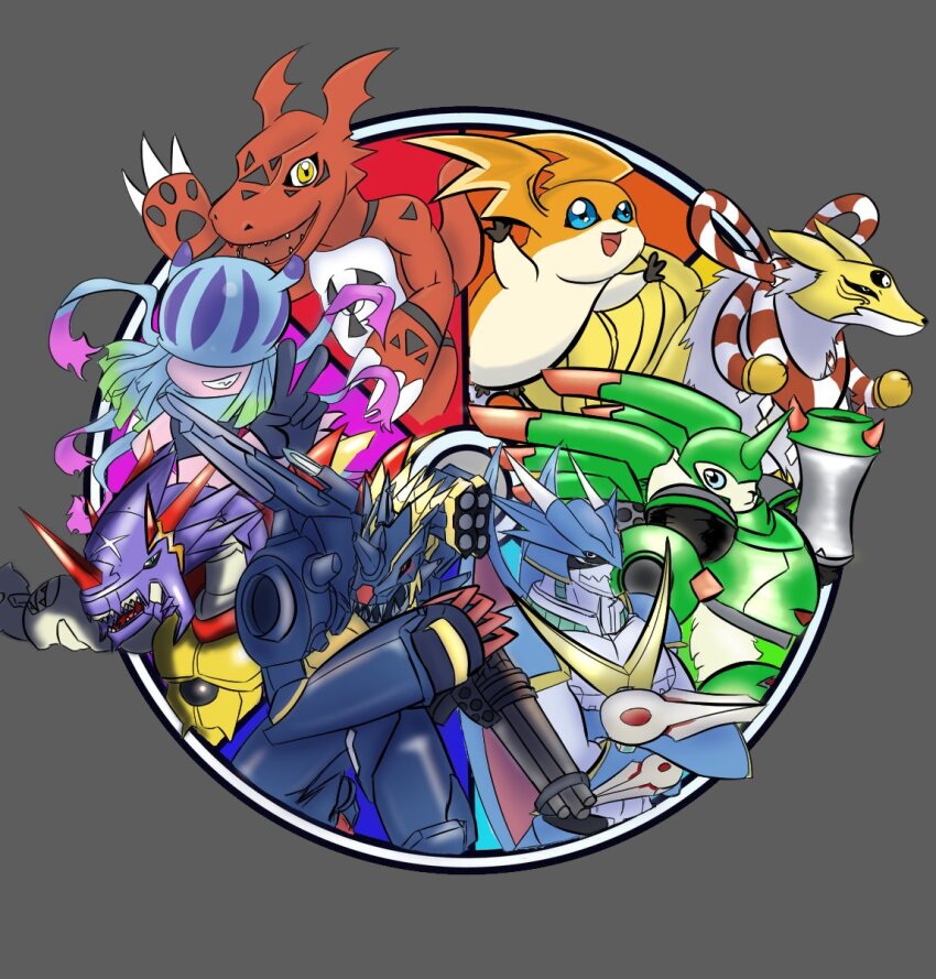 arresterdramon_superior_mode digimon digimon_(creature) guilmon highres jellyfish_girl kyubimon metalgarurumon metalgarurumon_x-antibody monster_girl patamon rapidmon_(perfect) tentacle_hair tentacles teslajellymon ulforcev-dramon