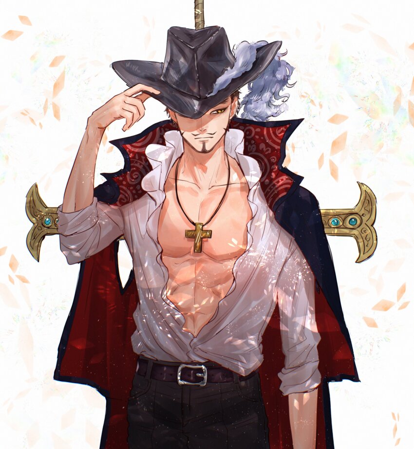 1boy abs absurdres belt belt_buckle black_coat black_hair black_hat buckle coat coat_on_shoulders cross cross_necklace dracule_mihawk facial_hair frilled_shirt frills hat hat_tip highres jewelry male_focus necklace one_piece open_clothes open_shirt pectorals sc_scandium shirt short_hair simple_background solo sword sword_on_back weapon weapon_on_back white_shirt yellow_eyes