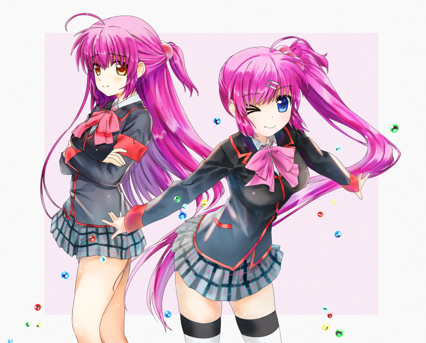 &gt;_o 2girls absurdres ahoge armband black_jacket blazer blue_eyes blush border bow closed_mouth commentary cowboy_shot crossed_arms floating_hair futaki_kanata grey_skirt hair_bobbles hair_ornament hairclip half_updo highres jacket little_busters! little_busters!_school_uniform long_hair long_sleeves looking_at_viewer marble_(toy) miniskirt multiple_girls natsuoto_rito one_eye_closed one_side_up outstretched_arms pink_bow plaid_clothes plaid_skirt ponytail red_armband saigusa_haruka school_uniform short_ponytail siblings side_ponytail sidelocks simple_background sisters skirt smile split_mouth standing striped_clothes striped_thighhighs thighhighs twins very_long_hair white_border yellow_eyes zettai_ryouiki