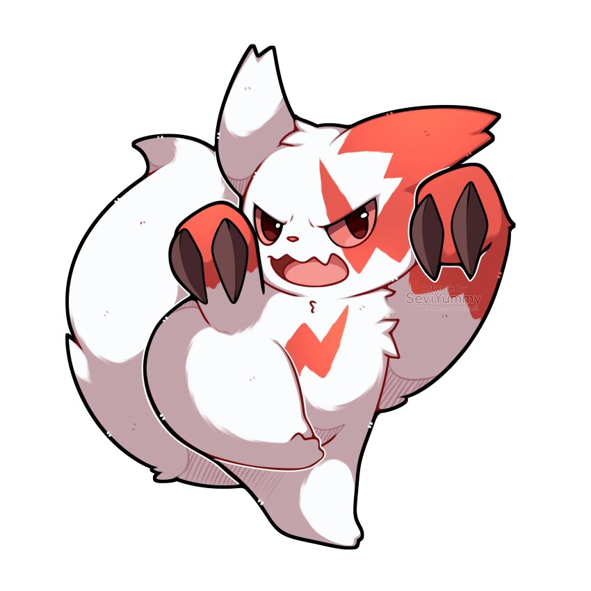 1other absurdres body_fur claws colored_sclera fangs full_body furry gen_3_pokemon highres looking_at_viewer nintendo open_mouth pokemon pokemon_(creature) pokemon_focus red_eyes red_fur red_sclera sevi_(seviyummy) simple_background skin_fangs solo tail two-tone_fur white_background white_fur zangoose