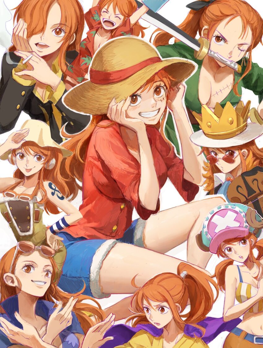 1girl arm_tattoo bare_shoulders breasts brook_(one_piece) brook_(one_piece)_(cosplay) brown_headwear cape cigarette cleavage cosplay crown denim denim_shorts franky_(one_piece) franky_(one_piece)_(cosplay) fur-trimmed_shorts fur_trim glasses grin hair_over_one_eye hand_on_own_hip hat highres holding holding_cigarette instrument jinbe_(one_piece) jinbe_(one_piece)_(cosplay) large_breasts long_sleeves monkey_d._luffy monkey_d._luffy_(cosplay) multiple_views nami_(one_piece) oekakiboya one_piece orange_eyes parted_lips ponytail red-tinted_eyewear red_shirt roronoa_zoro roronoa_zoro_(cosplay) sanji_(one_piece) sanji_(one_piece)_(cosplay) scar scar_on_breasts shirt shorts shoulder_tattoo simple_background smile smoking straw_hat sunglasses sword tattoo teeth tinted_eyewear tony_tony_chopper tony_tony_chopper_(cosplay) usopp usopp_(cosplay) weapon weapon_in_mouth white_background
