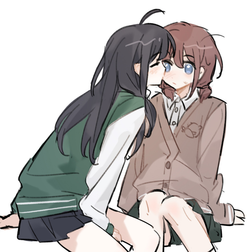 2girls ahoge artist_request awa_subaru black_hair black_skirt blue_eyes blush brown_cardigan brown_hair cardigan closed_eyes closed_mouth collared_shirt commentary commission girls_band_cry green_jacket green_skirt hashtag-only_commentary highres iseri_nina jacket kiss kissing_cheek long_hair multiple_girls pleated_skirt shirt short_hair simple_background sitting skirt white_background white_shirt yuri
