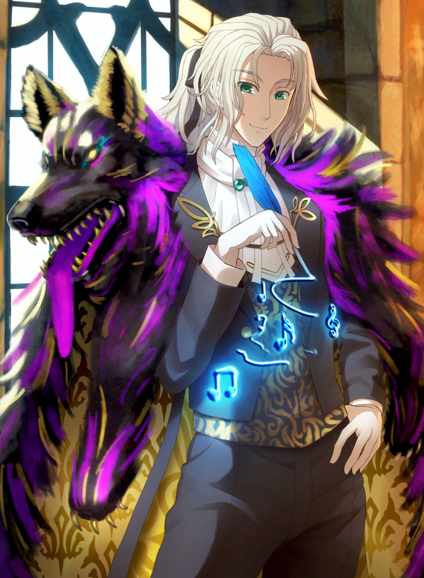 1boy bad_id bad_pixiv_id black_jacket black_pants black_ribbon blue_feather blue_feathers brooch claws closed_mouth commentary_request cowboy_shot fate/grand_order fate_(series) feathers green_eyes grey_hair hair_ribbon highres holding holding_feather jacket jewelry kaina_(tsubasakuronikuru) long_hair long_sleeves looking_at_viewer magic male_focus musical_note open_clothes open_jacket pants pelt ribbon shirt smile solo standing teeth thumb_in_pocket treble_clef unbuttoned vest waistcoat white_shirt window wolfgang_amadeus_mozart_(fate) wolfgang_amadeus_mozart_(formal_dress)_(fate)