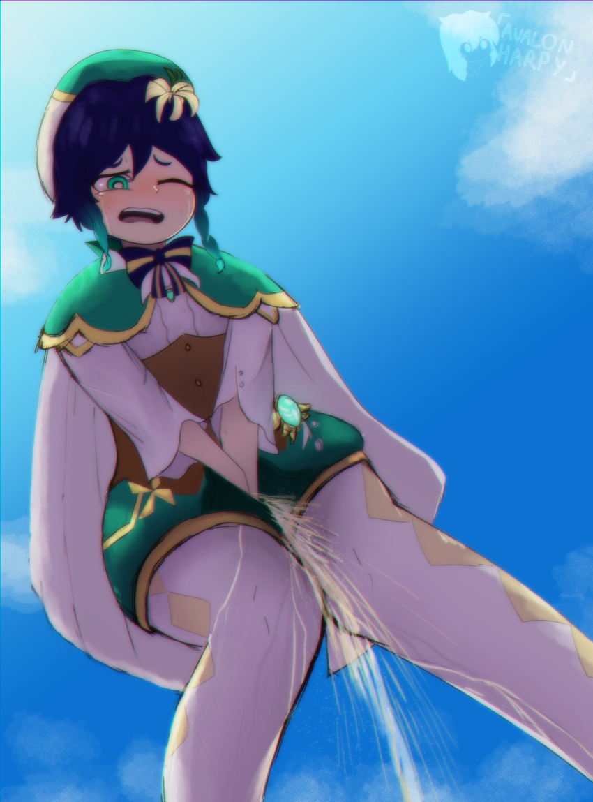 1boy absurdres avalonharpy between_legs blue_sky blush braid cape cecilia_flower_(genshin_impact) from_below genshin_impact green_eyes green_hair green_hat hand_between_legs hat highres knees_together_feet_apart male_focus one_eye_closed open_mouth outdoors pee peeing peeing_self sky solo standing tears trap twin_braids venti_(genshin_impact)