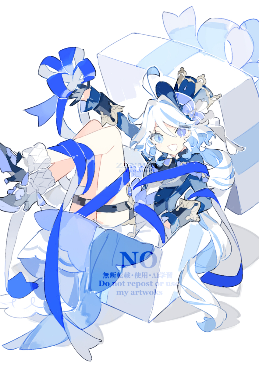 1girl ahoge arm_up box convenient_censoring cyenmi3 dress drop-shaped_pupils full_body furina_(genshin_impact) genshin_impact gift gift_box gloves hat heterochromia highres legs_up open_mouth ribbon smile symbol-shaped_pupils watermark white_hair