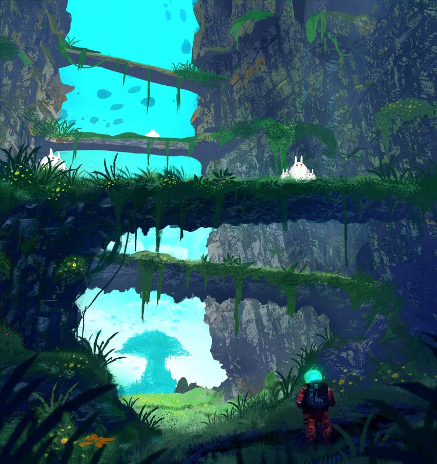 1other ambiguous_gender bridge cliff commentary creature day fishbowl_helmet flower glowing grass helmet highres kiginobiru_(hayapi) nature original outdoors plant red_eyes scenery science_fiction spacesuit tree valley very_wide_shot