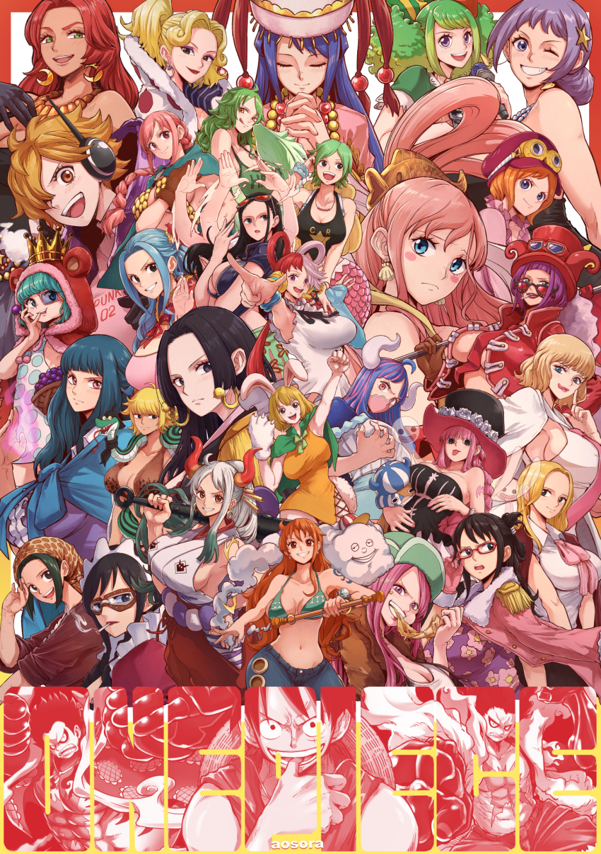 1boy 6+girls amazon_warrior animal_ears ann_(one_piece) annotated aosora2823 artist_name baby_5 baccarat_(one_piece) belo_betty bikini black_hair blonde_hair blue_capelet blue_eyes blue_hair boa_hancock breasts brown_eyes camie_(one_piece) cape capelet carina_(one_piece) carrot_(one_piece) cigarette clima-tact club club_(weapon) copyright_name cropped_jacket curled_horns denim dinosaur_girl dress earrings eating ein_(one_piece) epaulettes everyone extra_arms eyewear_on_head food frills gear_fourth gear_fourth:_boundman gear_fourth:_snakeman glasses goggles goggles_on_headwear green_bikini green_cape green_hair grey_hair hair_ornament hair_over_one_eye hair_rings hair_stick hana_hana_no_mi harpy hat highres holding holding_food holding_pizza honey_queen horns jacket japanese_clothes jeans jewelry jewelry_bonney kaya_(one_piece) kimono koala_(one_piece) kumacy large_breasts lipstick long_hair maid_headdress makeup makino_(one_piece) marguerite_(one_piece) mask maya_(one_piece) mermaid midriff monet_(one_piece) monkey_d._luffy monster_girl mouth_mask multicolored_hair multicolored_horns multiple_girls nami_(one_piece) nami_(one_piece)_(return_to_sabaody) necktie nefertari_vivi nico_robin nico_robin_(return_to_sabaody) one_piece one_piece:_clockwork_island_adventure one_piece:_stampede one_piece:_the_cursed_holy_sword one_piece_film:_gold one_piece_film:_red one_piece_film:_z oni open_clothes open_jacket orange_dress orange_hair orange_horns over_shoulder pants perona pink_eyes pink_hair pink_shirt pizza pizza_slice purple_eyes purple_hair rabbit_ears rabbit_girl rabbit_paws rebecca_(one_piece) red_eyes red_hair red_horns red_jacket red_necktie sarong shell shell_earrings shirahoshi shirt short-sleeved_jacket short_hair short_sleeves sleeveless sleeveless_kimono snake_earrings spiked_club split-color_hair streaked_hair stussy_(one_piece) sugar_(one_piece) sunglasses swimsuit tashigi twintails two-tone_hair ulti_(one_piece) uta_(one_piece) vegapunk_lilith weapon weapon_over_shoulder white_fur white_kimono wide_hips yamato_(one_piece) yellow_horns zeus_(one_piece) zipper
