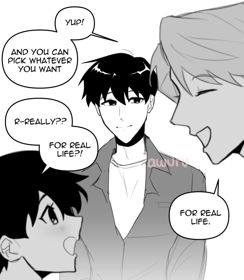 3boys absurdres areuwuu closed_eyes english_text greyscale grin highres jacket kim_dokja lee_hakhyun looking_at_another male_focus monochrome multiple_boys omniscient_reader&#039;s_viewpoint original out_of_frame short_hair smile speech_bubble talking undershirt upper_body