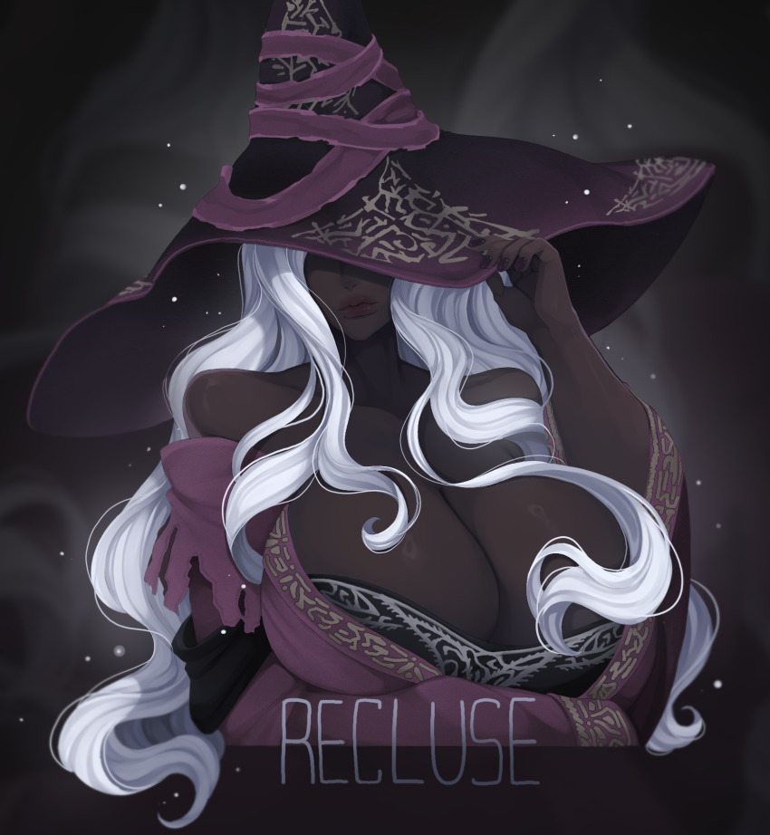1girl bare_shoulders breasts cleavage dark-skinned_female dark_skin dress elden_ring elden_ring_nightreign hat hat_over_eyes highres large_hat long_hair off_shoulder purple_hat purple_sleeves recluse_(elden_ring) solo tundromaiden white_hair witch witch_hat