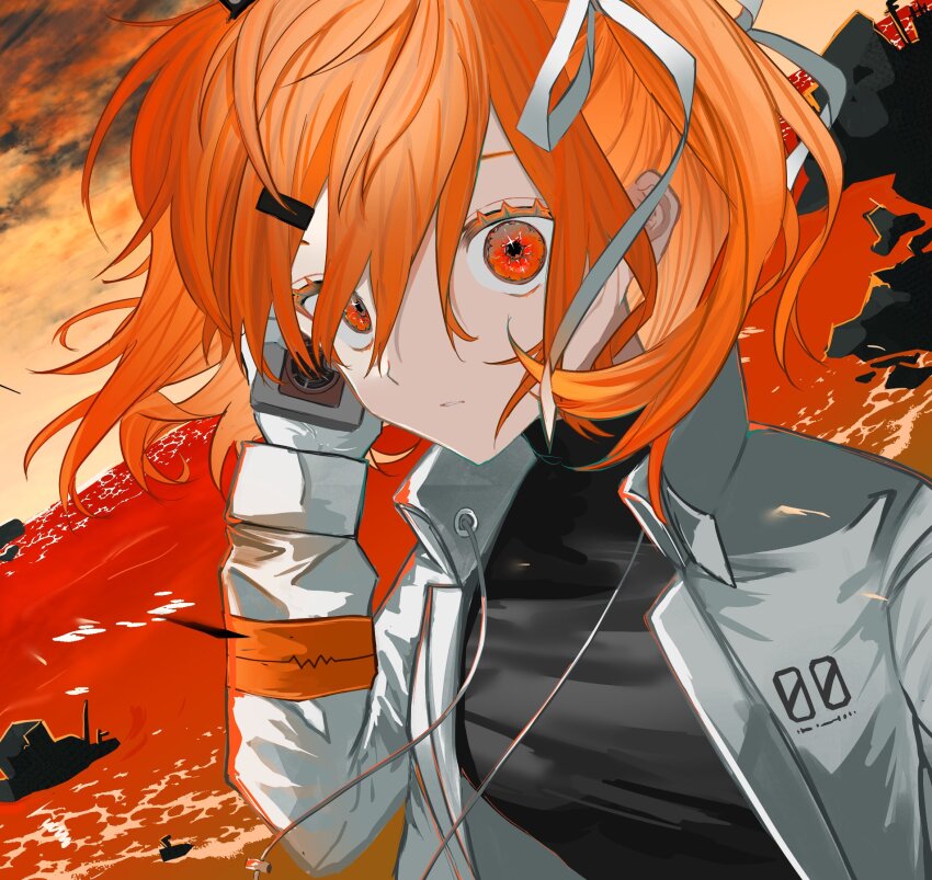 1girl a.i._voice adachi_rei beach black_clouds black_shirt cloud commentary cropped floating_hair gloves hair_ornament hair_ribbon hairclip hand_up highres hoikoro_(kokekokko_0655) holding horizon jacket long_hair looking_at_viewer netsu_ijou_(utau) one_side_up open_clothes open_jacket orange_eyes orange_hair orange_sky outdoors parted_lips red_ocean ribbon rubble shirt sky solo sparkling_eyes turtleneck upper_body utau white_gloves white_jacket white_ribbon wide-eyed