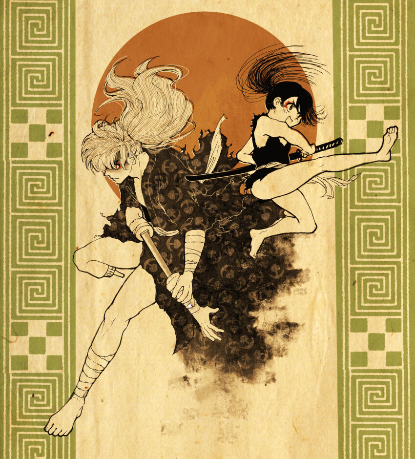 1boy 1girl ankle_wrap bandages barefoot closed_mouth dororo_(character) dororo_(tezuka) full_body hashi84e highres holding holding_sword holding_weapon hyakkimaru_(dororo) japanese_clothes kimono messy_hair monochrome ponytail prosthesis prosthetic_arm prosthetic_leg prosthetic_weapon red_sun reverse_trap sword torn_clothes torn_kimono weapon