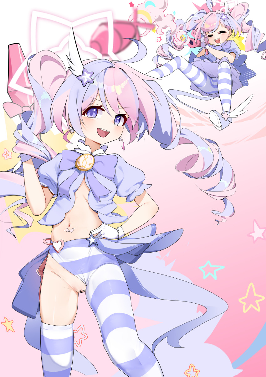 1girl absurdres bar_censor blue_archive censored clothing_aside drill_hair gloves hair_ornament halo highres holding holding_rocket_launcher holding_weapon magical_girl marshal_(artist) multicolored_hair navel official_alternate_costume official_alternate_hairstyle pantyhose pink_hair puffy_short_sleeves puffy_sleeves purple_eyes purple_hair pussy reisa_(blue_archive) reisa_(magical)_(blue_archive) rocket_launcher short_sleeves single_leg_pantyhose single_thighhigh star_(symbol) star_hair_ornament star_halo striped_clothes striped_pantyhose striped_thighhighs thighhighs twin_drills two-tone_hair weapon white_gloves wing_hair_ornament