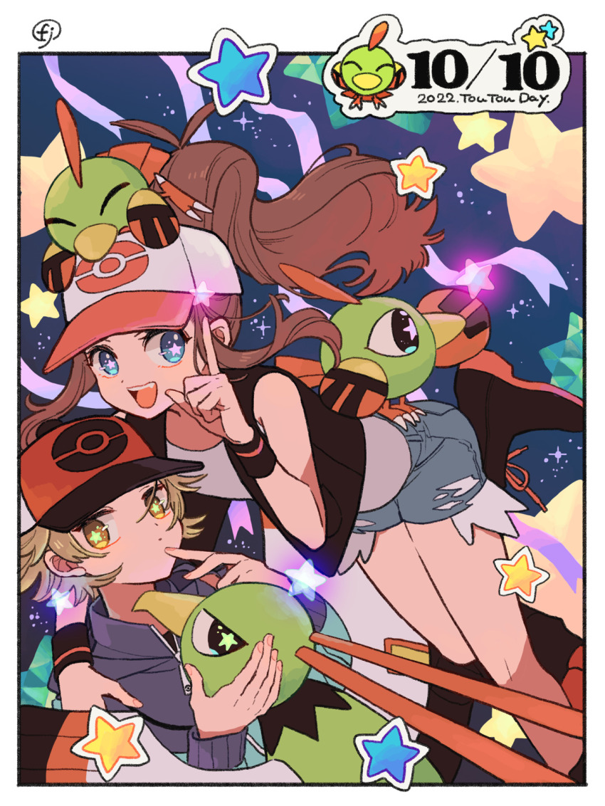 1boy 1girl arm_around_shoulder blue_eyes brown_eyes brown_hair chikafuji commentary_request denim denim_shorts exposed_pocket gen_2_pokemon high_ponytail highres hilbert_(pokemon) hilda_(pokemon) looking_at_viewer natu nintendo pokemon pokemon_(creature) pokemon_bw ponytail shorts smile star-shaped_pupils star_(symbol) symbol-shaped_pupils xatu