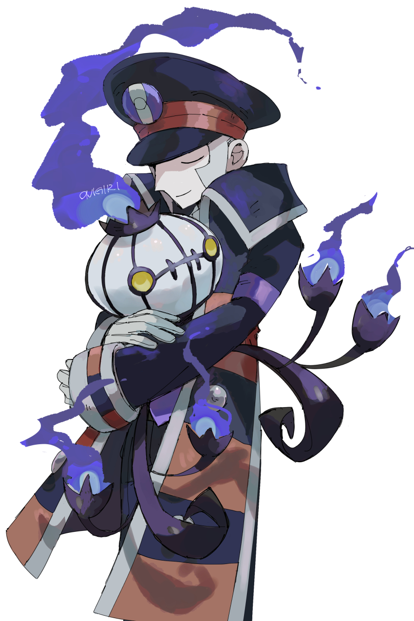 1boy absurdres black_hat black_pants blue_fire chandelure closed_mouth feet_out_of_frame fire gen_5_pokemon gloves grey_hair hat highres hug ingo_(pokemon) long_sleeves male_focus nintendo onigiri_(ahku5522) pants pokemon pokemon_bw short_hair signature simple_background solo white_background white_gloves