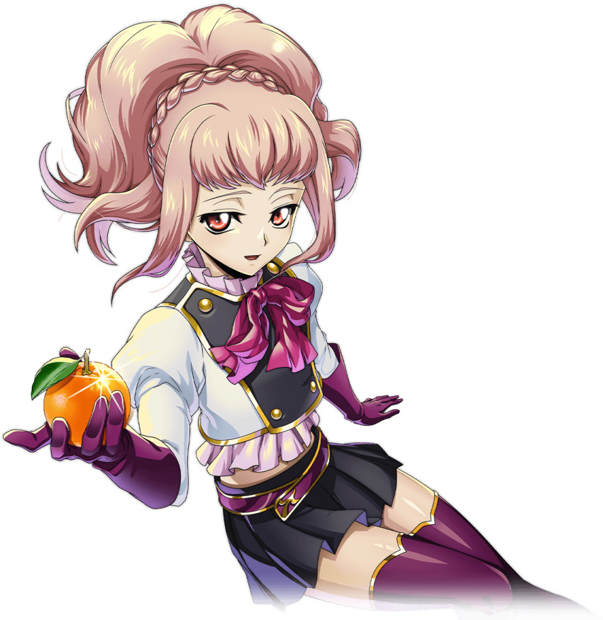 1girl anya_alstreim black_skirt code_geass code_geass:_fukkatsu_no_lelouch code_geass:_lost_stories commentary_request f4samurai food fruit gloves long_hair miniskirt necktie official_art open_mouth orange_(fruit) pink_hair ponytail purple_gloves purple_necktie purple_thighhighs red_eyes skirt smile solo thighhighs