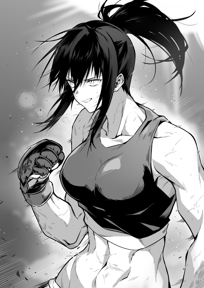 1girl absurdres boxing_gloves breasts bruise clenched_hand collarbone commentary_request greyscale grin hand_up highres injury isshou_senkin large_breasts long_hair looking_ahead monochrome motion_lines navel ponytail shanyao_jiang_tororo sidelocks smile solo sports_bra stomach tenma_nozomi toned toned_female upper_body
