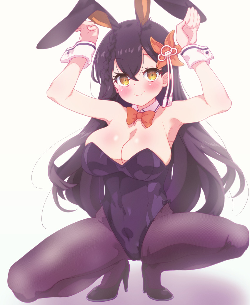 1girl absurdres animal_ears arbiter1 azur_lane black_hair black_leotard black_pantyhose blush bow bowtie breasts chikuma_(azur_lane) covered_navel detached_collar fake_animal_ears hair_ornament high_heels highleg highleg_leotard highres large_breasts leotard long_hair looking_at_viewer pantyhose playboy_bunny rabbit_ears rabbit_pose simple_background smile solo squatting strapless strapless_leotard tail white_background wrist_cuffs yellow_eyes